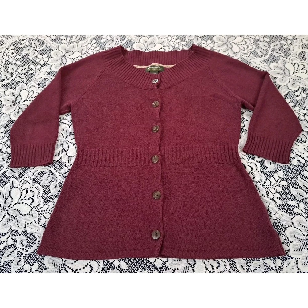 Eddie Bauer Sweater Size‎ M Burgundy 3/4 Sleeve Button Front Cotton/Merino Wool - Picture 3 of 8